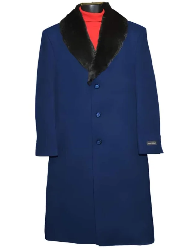 Stylish Suits Mens Overcoat - Topcoat For Men - Winter Fabric -Men's Dress Coat (Removable ) Fur Collar 3 Button Wool Full Length Overcoat ~ Long men's Dress Topcoat - Winter coat 65% Wool Full Length Fabric Also Navy Blue