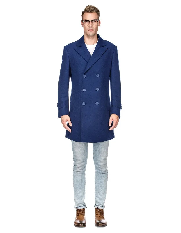 Casual Denim Mens Modern Double Breasted Wool Pea Coat in Indigo Blue