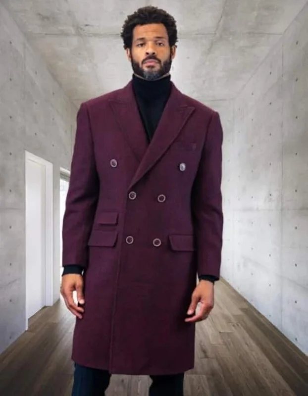 Modern Casuals Mens Overcoat - Topcoat For Men - Winter Fabric - Statement Double Breasted Burgundy Overcoat Modern Casuals Mens Overcoat - Topcoat For Men - Winter Fabric - Statement Double Breasted Burgundy Overcoat