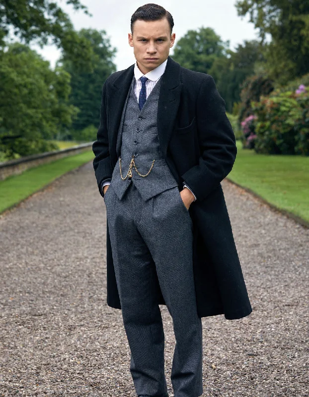 Basic Fashion Mens Michael Gray Vested Suit & Black Overcoat Costume