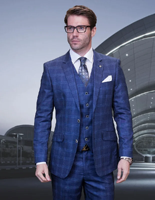 Stylish Jackets Statement 3 Piece Modern Fit Suit - Indigo Window Pane | 100% Wool | Super 200's