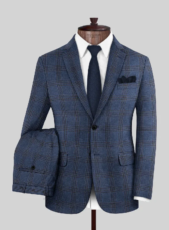 Trendy Hoodies London Loom Dark Blue Check Wool Silk Linen Suit