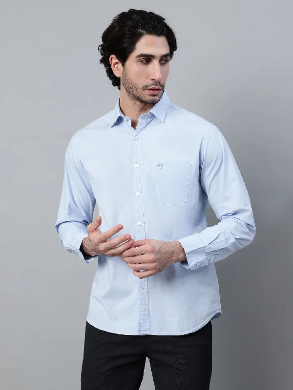 Comfortable Wearables Men's Light Blue Casual Plain Stretch Full Sleeve Shirt