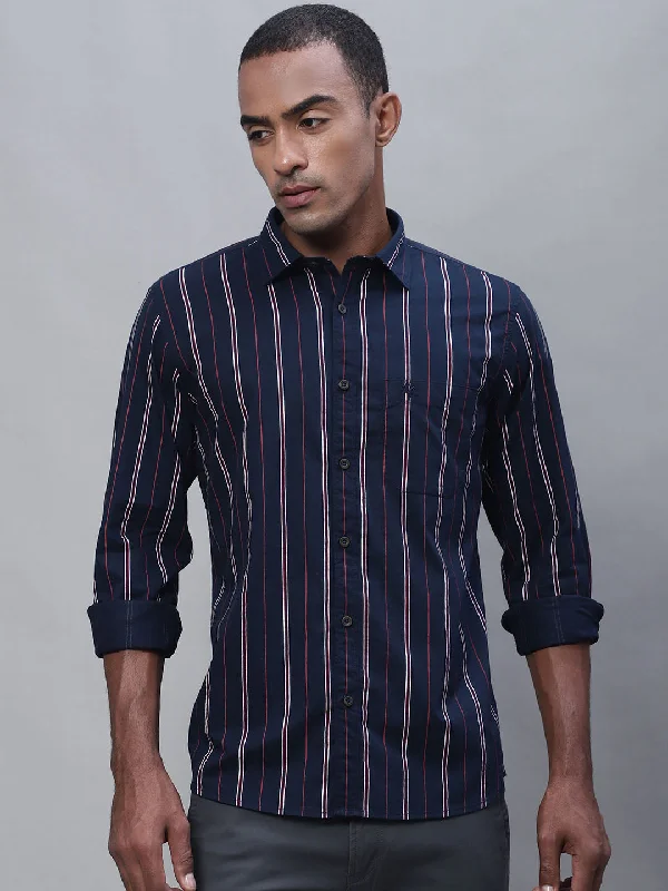 Comfortable Knitwear Men's Navy Blue Casual Narrow Stripe Full Sleeve Shirt