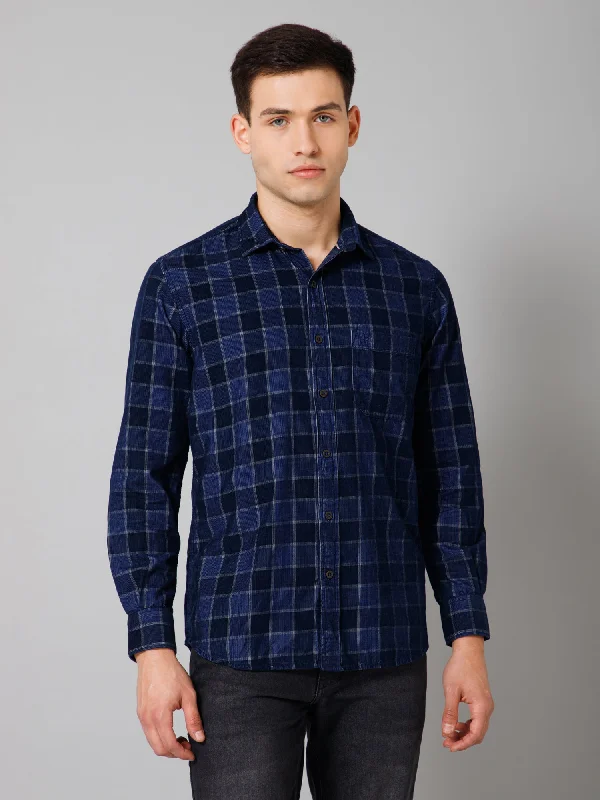 Lightwear Options Men's Navy Blue Casual Corduroy Big Checks Full Sleeve Shirt