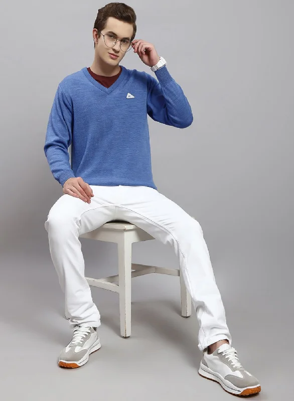 Comfy Sweaters Men Blue Solid Pure wool Pullover
