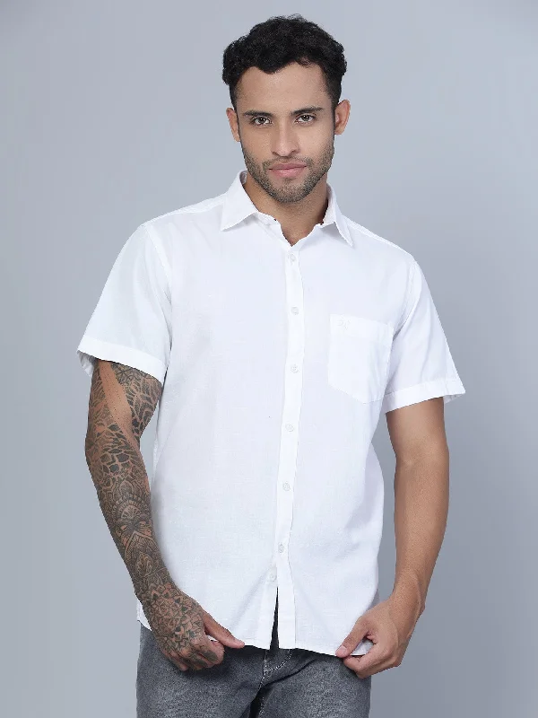 Cozy Looks Men's White Casual Plain Half Sleeve Shirt
