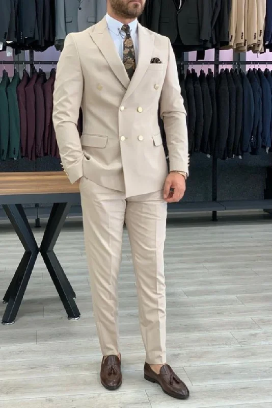 Smart Outfits Double Breasted Beige Suit For Mens Slim Fit Suit Wedding Suit Elegant 2 Piece Suit Bespoke Smart Outfits Double Breasted Beige Suit For Mens Slim Fit Suit Wedding Suit Elegant 2 Piece Suit Bespoke
