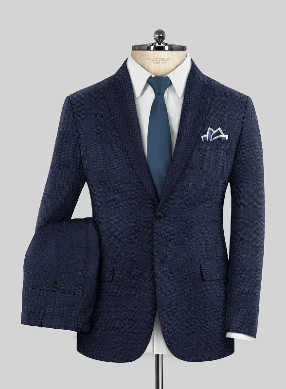 Urban Outfits Scabal Tornado Herringbone Navy Blue Wool Suit