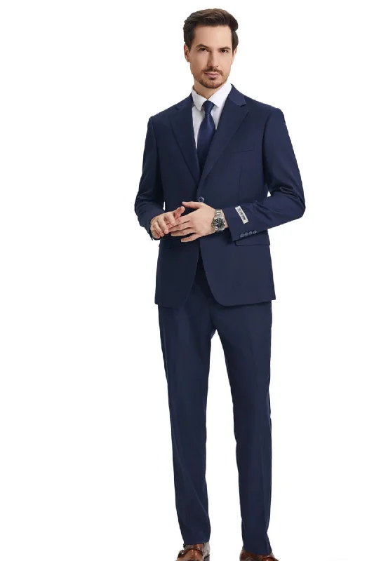 Urban Sweaters Velourville Collection: Men's 3 Piece Solid Hybrid Fit Suit In Navy