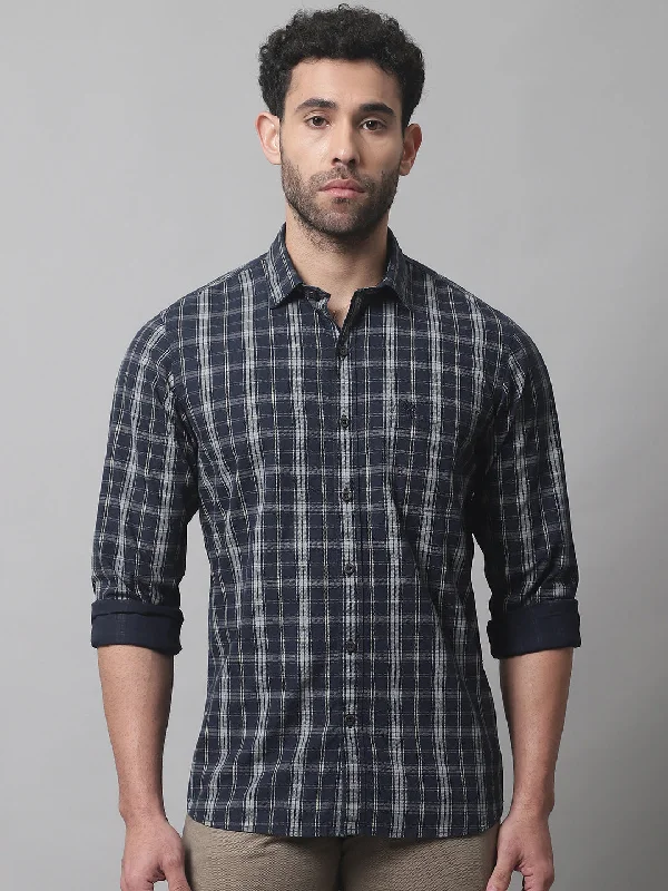 Easy Fit Men's Navy Blue Casual Medium Checks Full Sleeve Shirt