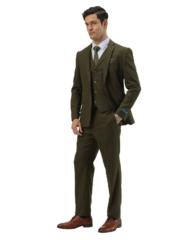 Premium Outerwear "Hybrid Fit" 3-Piece Tweed Suit with Notch Lapel by Sean Alexander - Olive