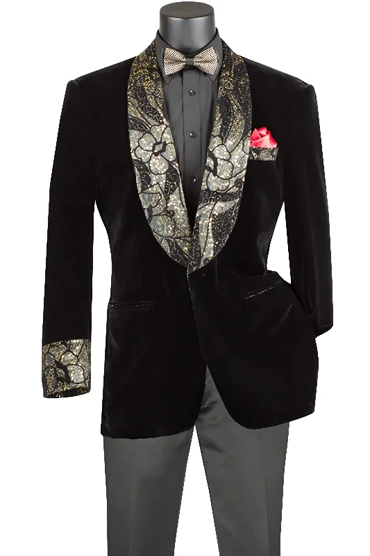 Casual Shirts Black Regular Fit Velvet Jacket with Wide Shawl Lapel and Cuffs