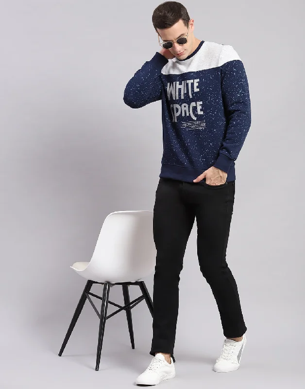 Simple Outfits Men Blue Printed Round Neck Full Sleeve Sweatshirts