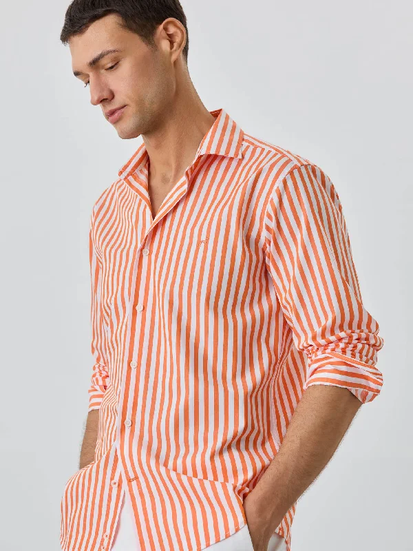 All-Season Outfits Slim Fit Shirt With Open Collar In BCI Cotton With Stripes