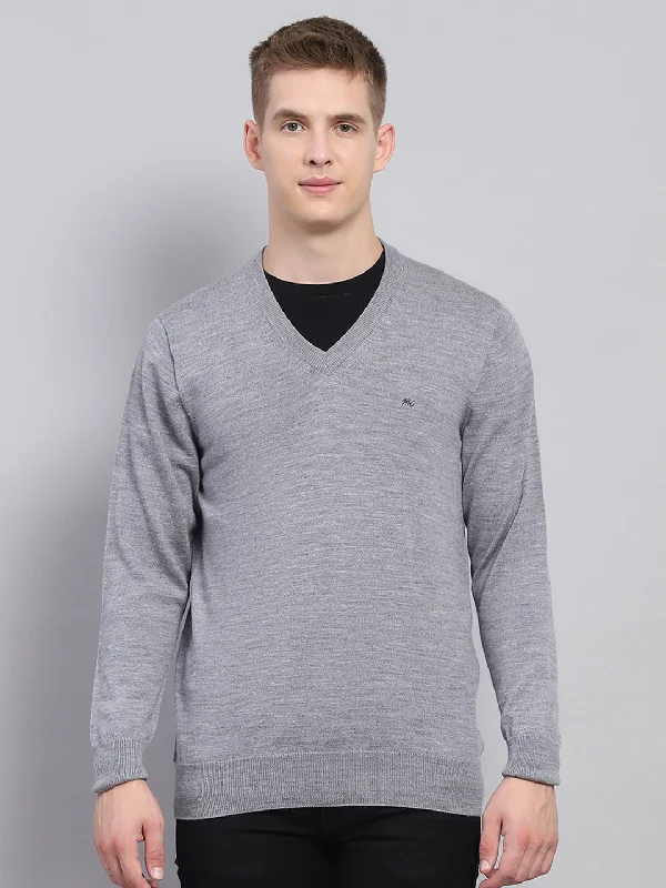 Soft Knitwear Men Grey Solid V Neck Full Sleeve Pullover
