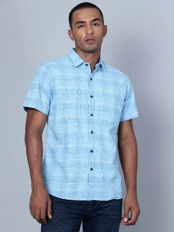 All-Weather Wear Men's Mint Blue Casual Medium Checks Half Sleeve Shirt
