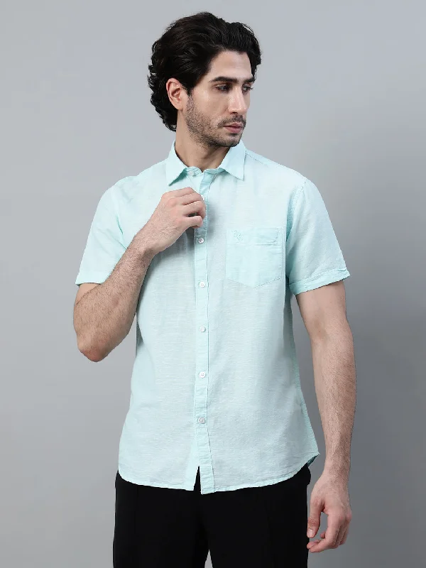 Cozy Basics Men's Mint Blue Casual Plain Half Sleeve Shirt
