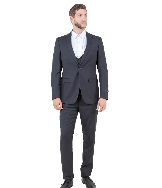 Warm Outerwear Midas Collection: Ultra Slim Three-Piece Suit with Peak Lapel in Dark Grey