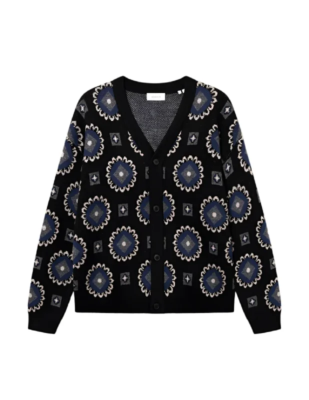 Casual Denim Aro Paisley Cardigan In Black/blue Print