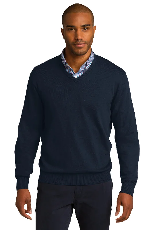 Effortless Comfort Port Authority Mens Long Sleeve V-Neck Sweater - Navy Blue - Closeout Effortless Comfort Port Authority Mens Long Sleeve V-Neck Sweater - Navy Blue - Closeout