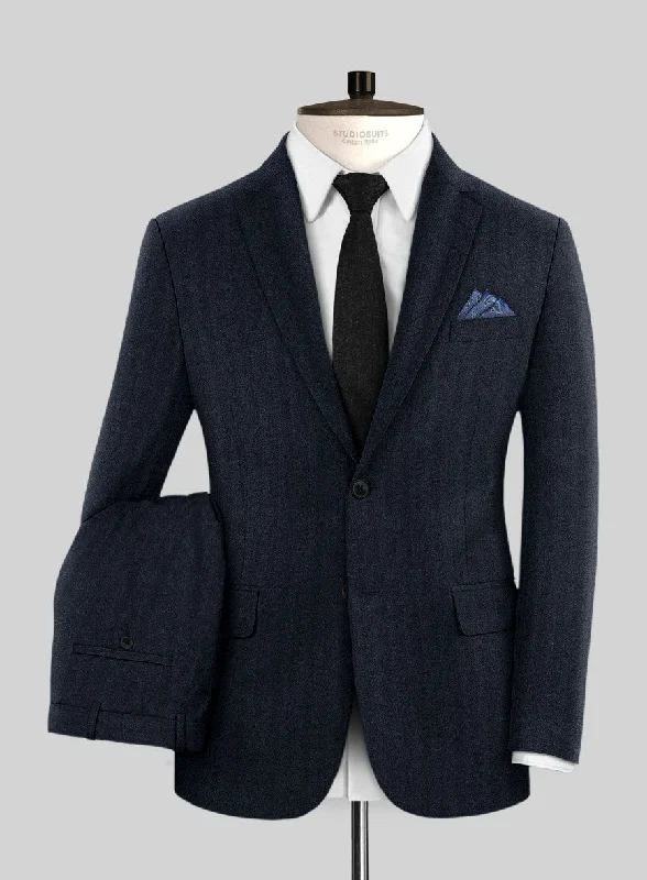 Fashion Jackets Italian Dark Blue Herringbone Flannel Suit