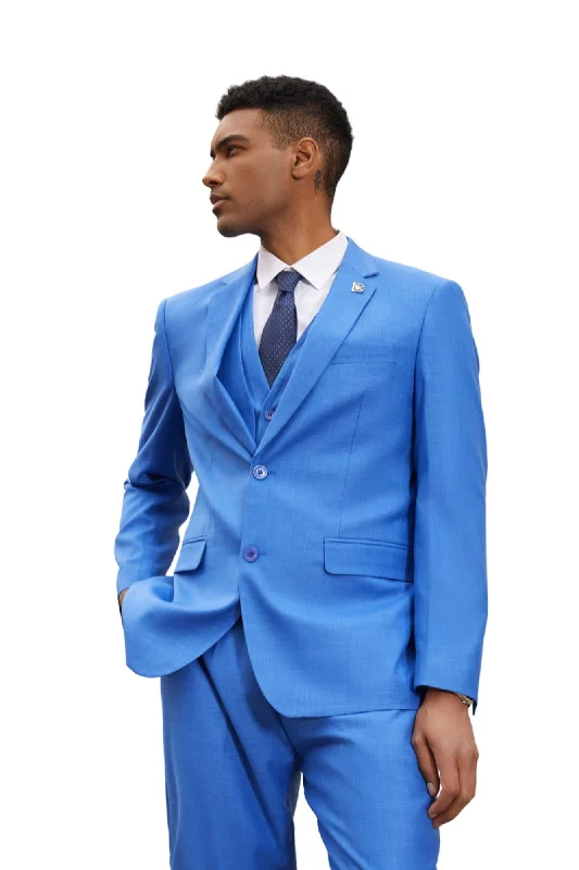 Cozy Sweaters PoshPerry Collection: Men's 3 Piece Solid Textured Hybrid Fit Suit In Blue