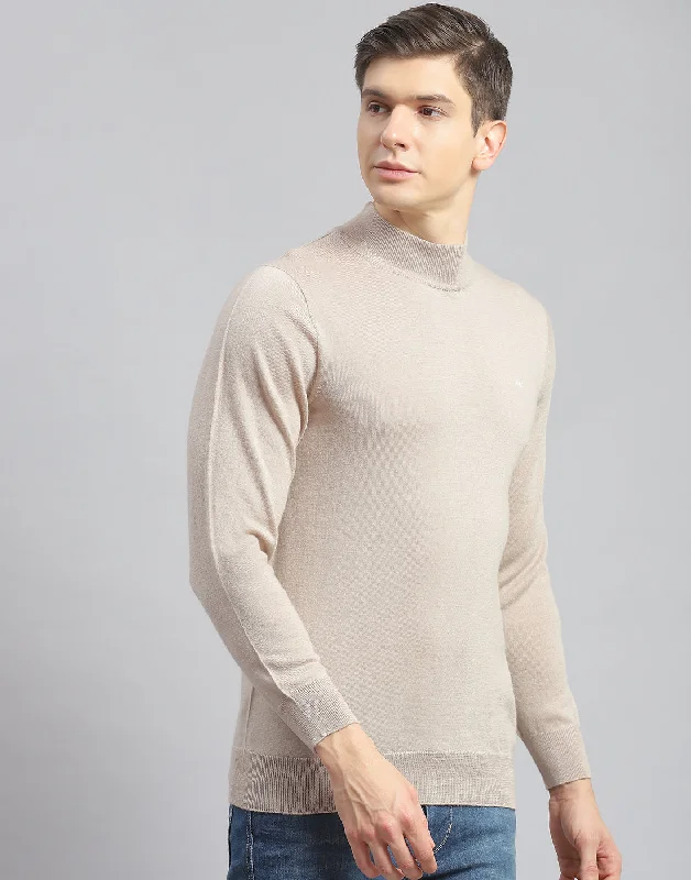 Everyday Comfort Men Beige Solid T Neck Full Sleeve Pullover