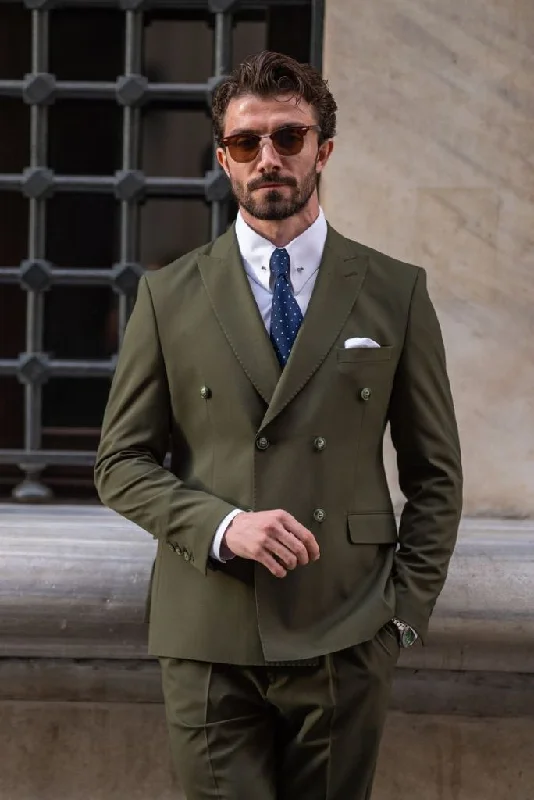 Simple Apparel Men Olive Green Two Piece Double Breasted Wedding Suit Formal Event Casual Suit Bespoke Mens