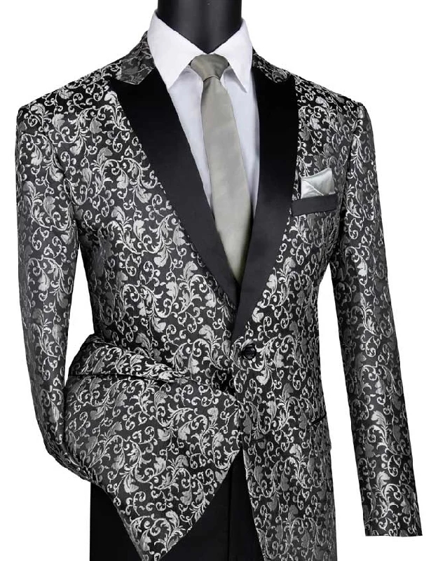 Comfortable Jeans Silver  Regular Fit Floral Pattern Jacket Peak Lapel