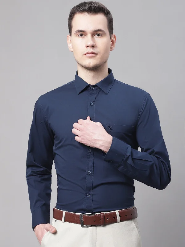 All-Season Outfits Men's Navy Blue Casual Plain Stretch Full Sleeve Shirt