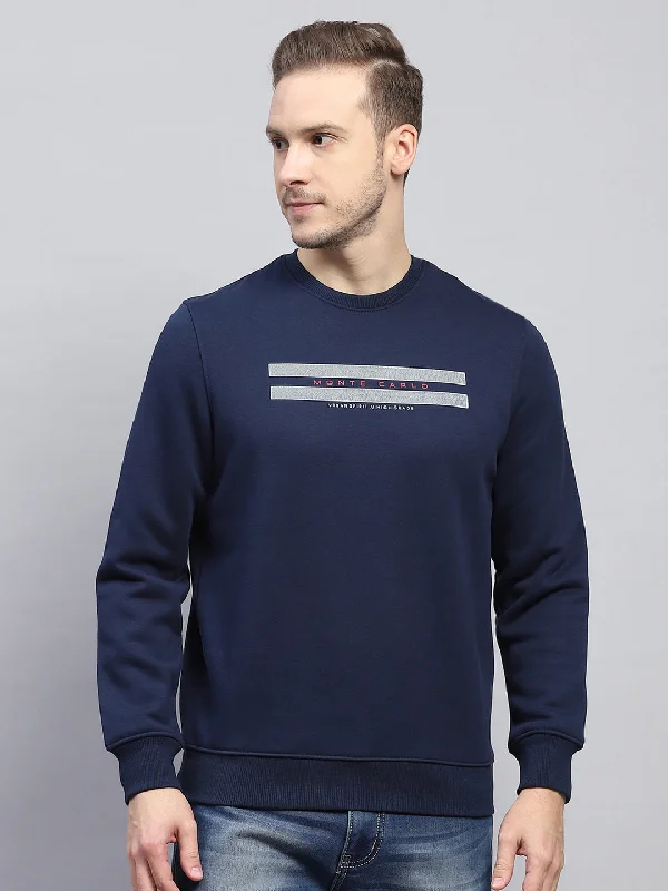 Street Fashion Men Navy Blue Printed Round Neck Full Sleeve Sweatshirt