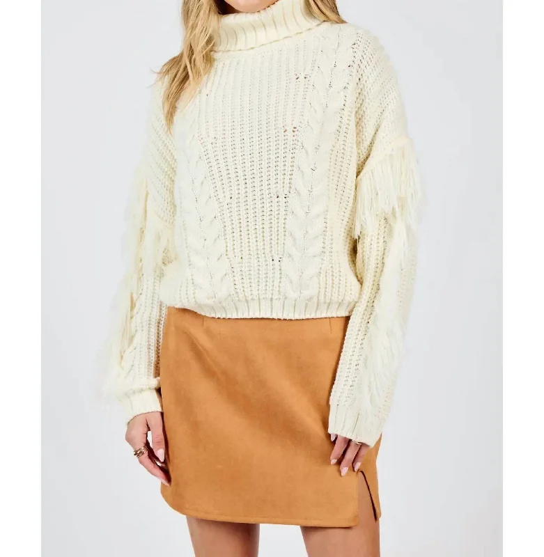 Comfy Suits Fringe Sleeve Turtleneck Sweater In Cream