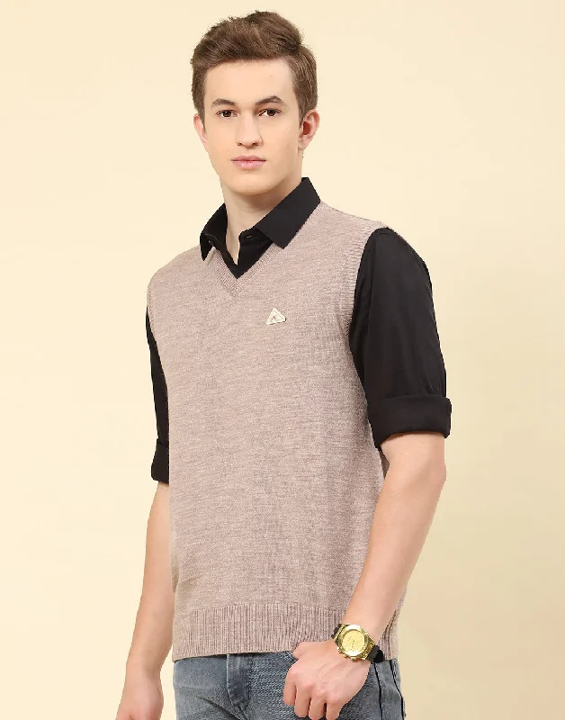 Cozy Basics Men Grey Solid V Neck Sleeveless Sweater
