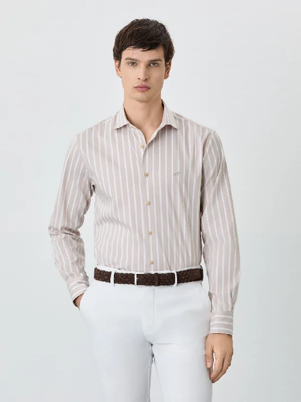 Timeless Apparel Slim Fit Shirt With Open Collar In BCI Cotton With Stripes
