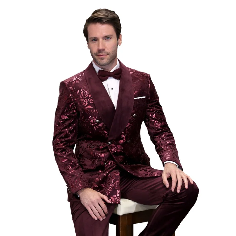 Street Hoodies Trendish Collection: Burgundy 2-Piece Double Breasted Velvet Shawl Lapel Tuxedo