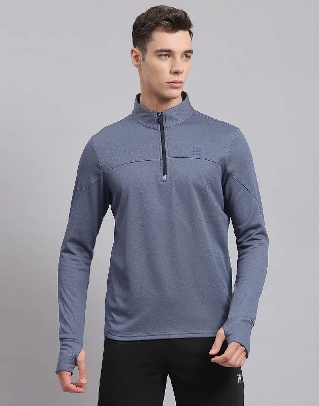 Effortless Comfort Men Blue Solid Stand Collar Full Sleeve Sweatshirt