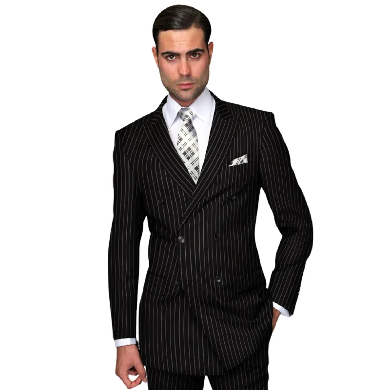 Urban Tops Orpheus Collection: Black Pinstripe Double Breasted Suit, Super 180's Italian Wool, 2-Piece