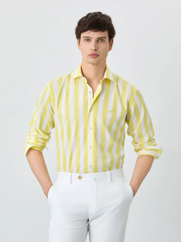 Casual Denim Slim Fit Shirt With Open Collar in BCI Cotton With Stripes
