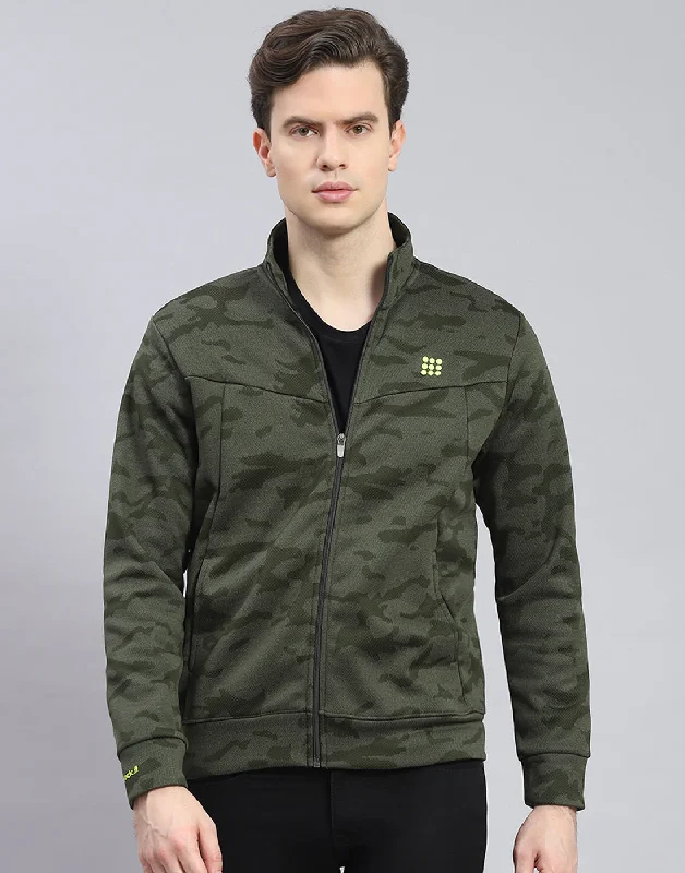 Versatile Outfits Men Olive Printed Stand Collar Full Sleeve Sweatshirt