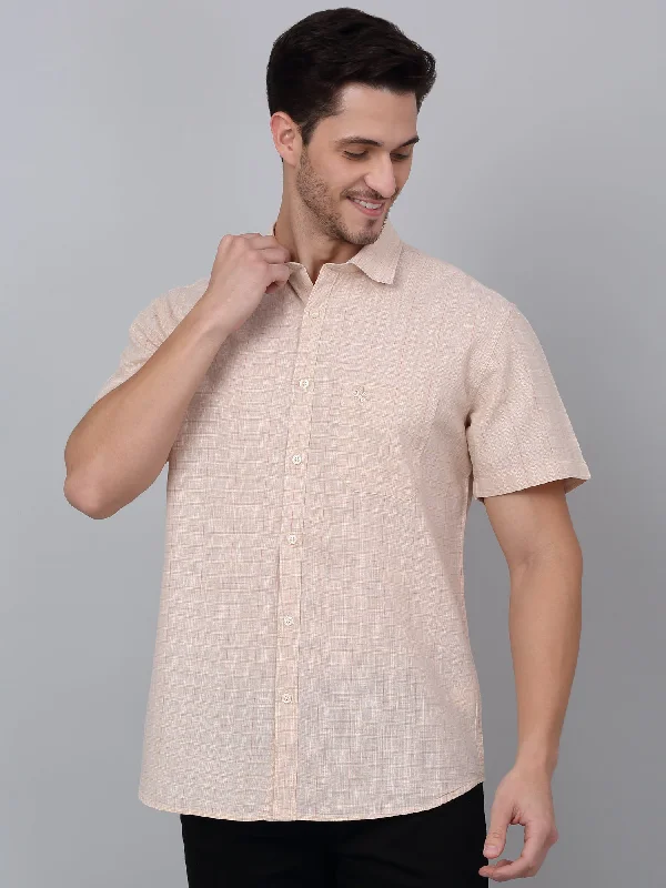 Soft Knitwear Men's Beige Casual Medium Checks Half sleeve Shirt