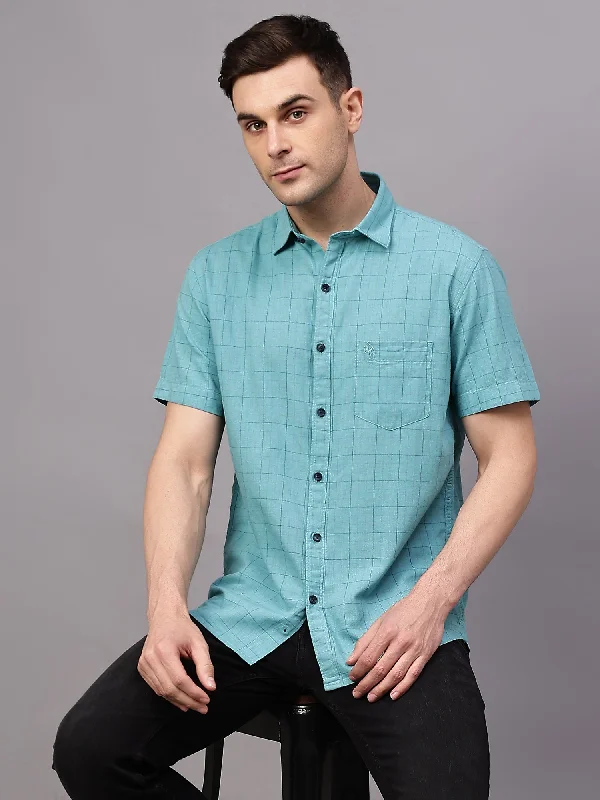 Flexible Styles Men's Turquoise Casual Small Checks Half sleeve Shirt