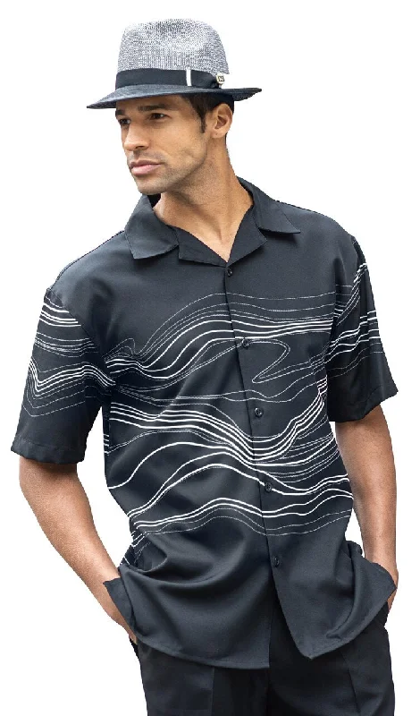 Stylish Footwear Men's 2 Piece Short Sleeve Walking Suit Solid Wave Print in Black - 2093