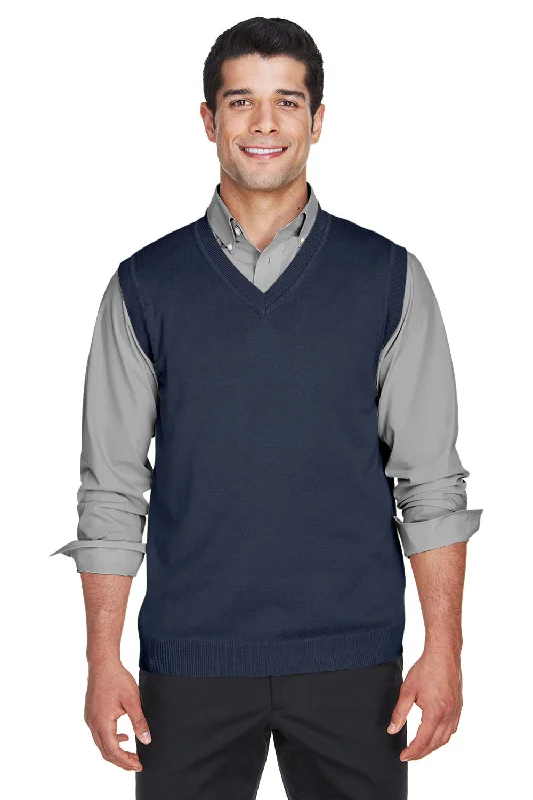 All-Season Outfits Devon & Jones Mens Wrinkle Resistant V-Neck Sweater Vest - Navy Blue - Closeout
