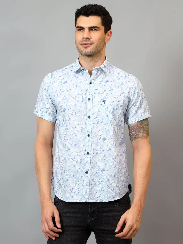 Cozy Pants Men's Sky Blue Casual Floral Print Half sleeve Shirt