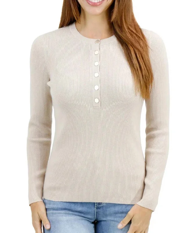 Easy Fit Ribbed Henley Sweater In Oatmeal