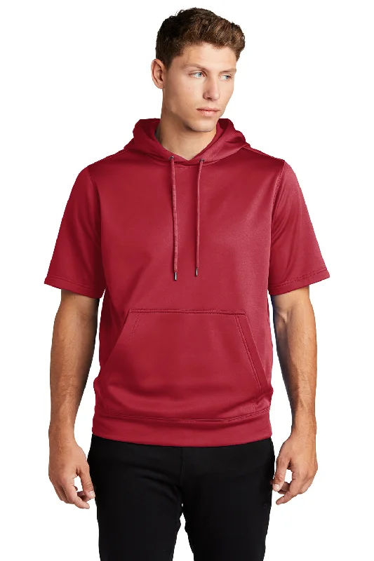 Cool Streetwear Sport-Tek Mens Moisture Wicking Fleece Short Sleeve Hooded Sweatshirt Hoodie w/ Pouch Pocket - Deep Red