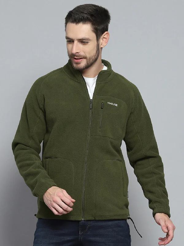 Cozy Essentials Men Olive Solid Mock Neck Full Sleeve Sweatshirt