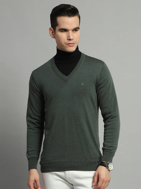 All-Purpose Wear Men Olive Solid V Neck Full Sleeve Pullover