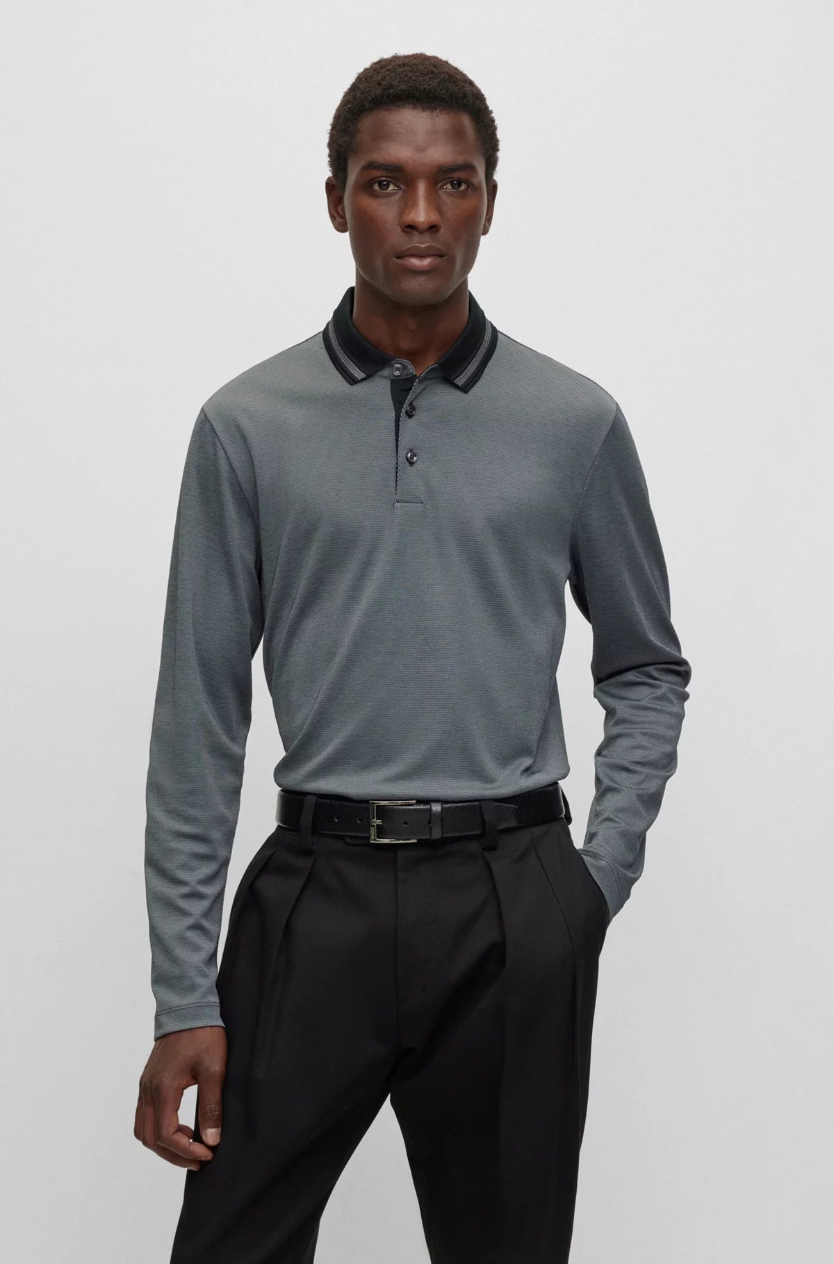 Casual Layers Pleins Slim-Fit Long Sleeved Polo Shirt with Woven Pattern 50500463